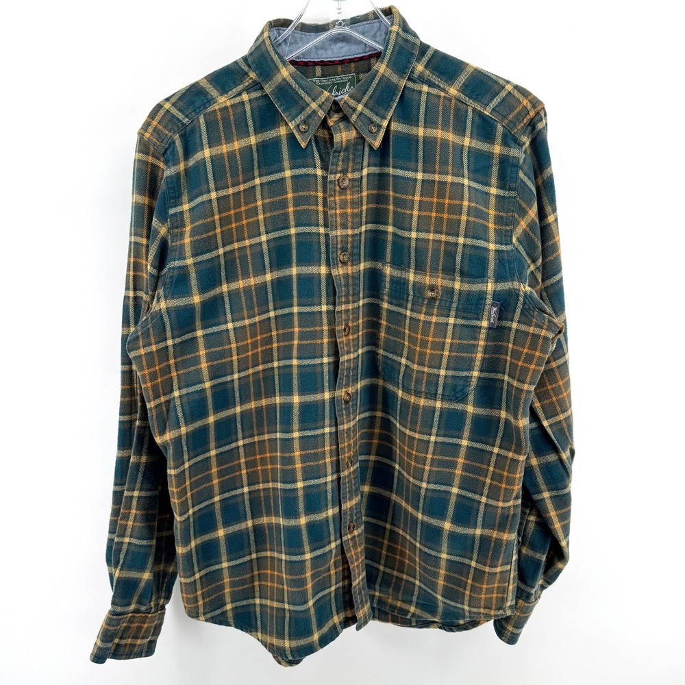Woolrich Flannel Shirt Men Medium Green‎ Gold Plaid Button Down Rustic Outdoor